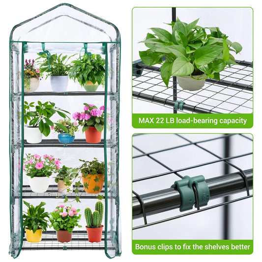4 Tier Mini Greenhouse, with Rust-Resistant Frame and PVC Cover