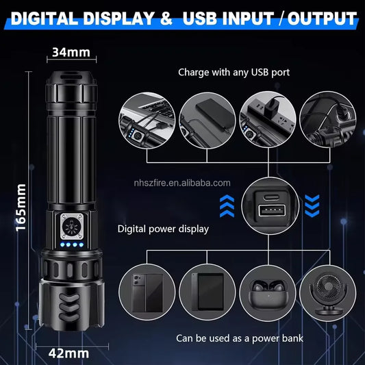 XHP70 LED Flashlight with Built-In Power Bank – 3000mAh Rechargeable