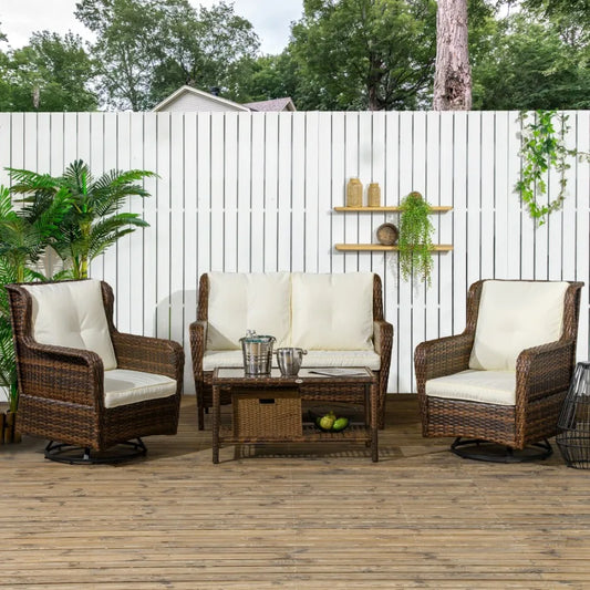4‑Piece Rattan Patio Conversation Set — Swivel Rocking Chairs (Cream)