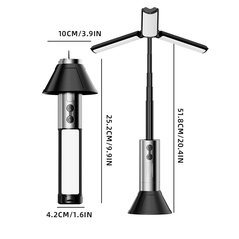 Integrated multifunctional camping lamp, multiple light sources and variable support for type-c charging.