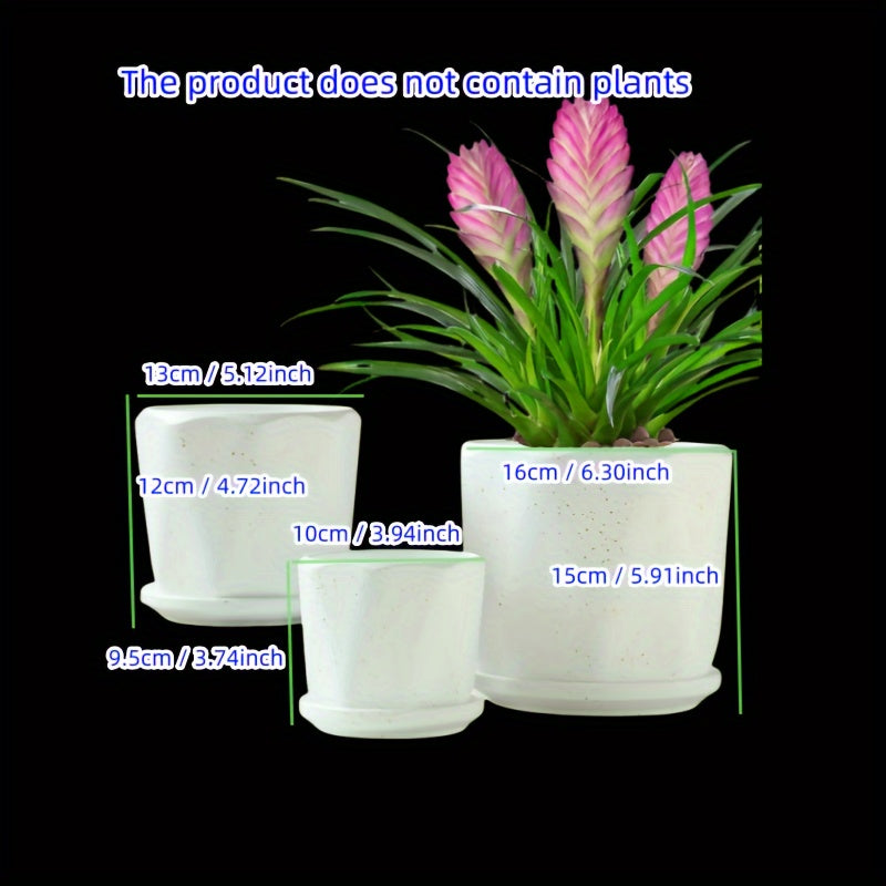 Contemporary Ceramic Planter Pots Set of 3 with Saucer Tray, Drainage Hole, Polished Finish - Irregular Shape Multipurpose Pot