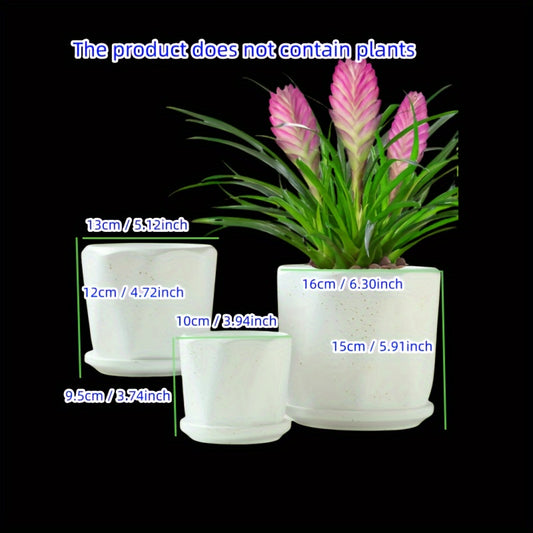 Contemporary Ceramic Planter Pots Set of 3 with Saucer Tray, Drainage Hole, Polished Finish - Irregular Shape Multipurpose Pot
