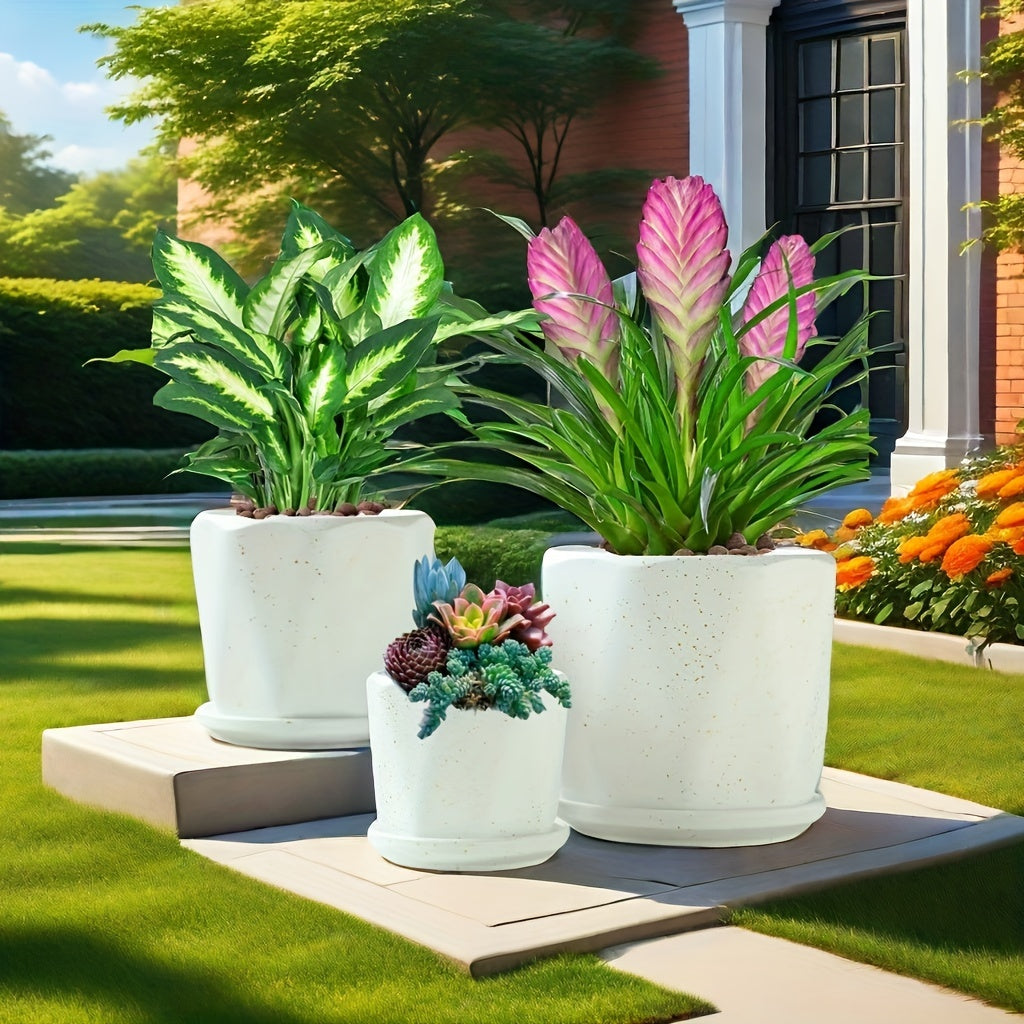 Contemporary Ceramic Planter Pots Set of 3 with Saucer Tray, Drainage Hole, Polished Finish - Irregular Shape Multipurpose Pot