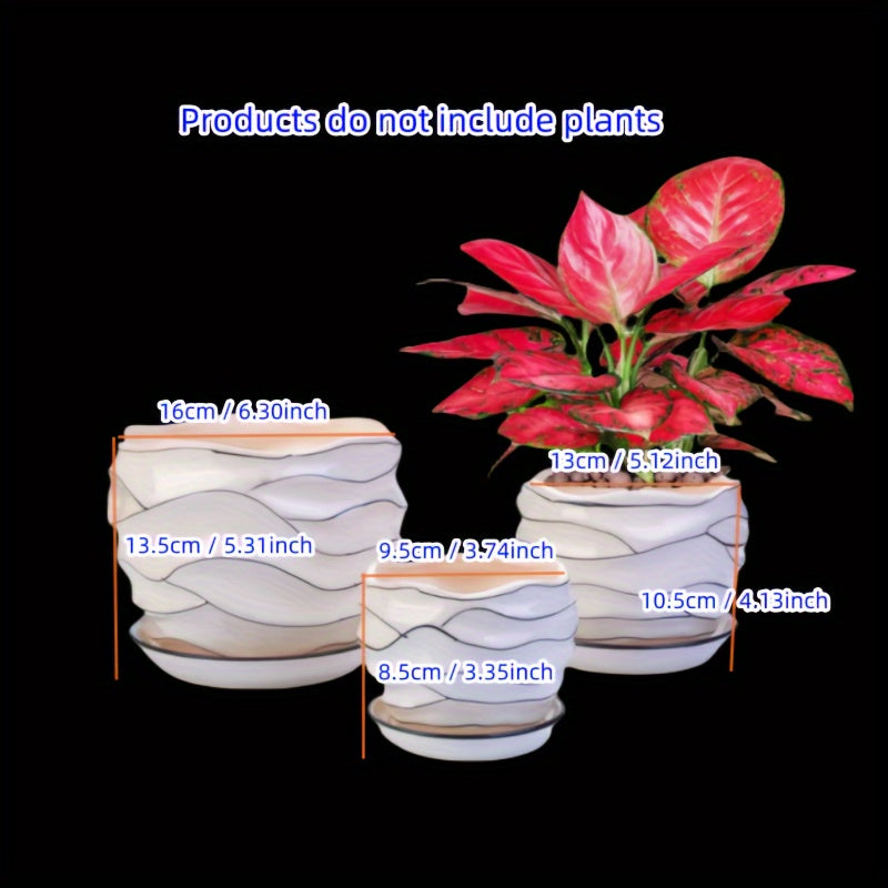 Contemporary Ceramic Planter Pots Set of 3 with Saucer Tray, Drainage Hole, Polished Finish - Irregular Shape Multipurpose Pot