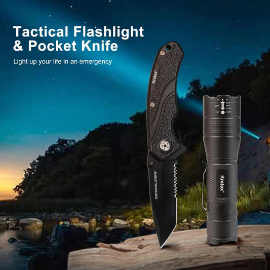 Tactical LED Flashlight with Built-In Knife – Zoomable, Lightweight 5.3oz