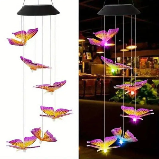 Outdoor Purple Butterfly Solar Wind Chime – Warm White Light, Color‑Change