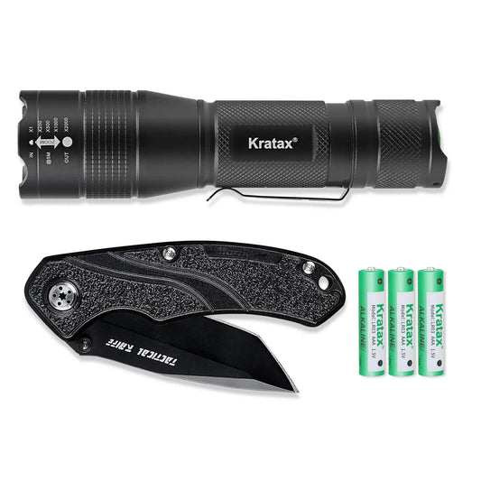 Tactical LED Flashlight with Built-In Knife – Zoomable, Lightweight 5.3oz