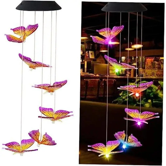 Outdoor Purple Butterfly Solar Wind Chime – Warm White Light, Color‑Change