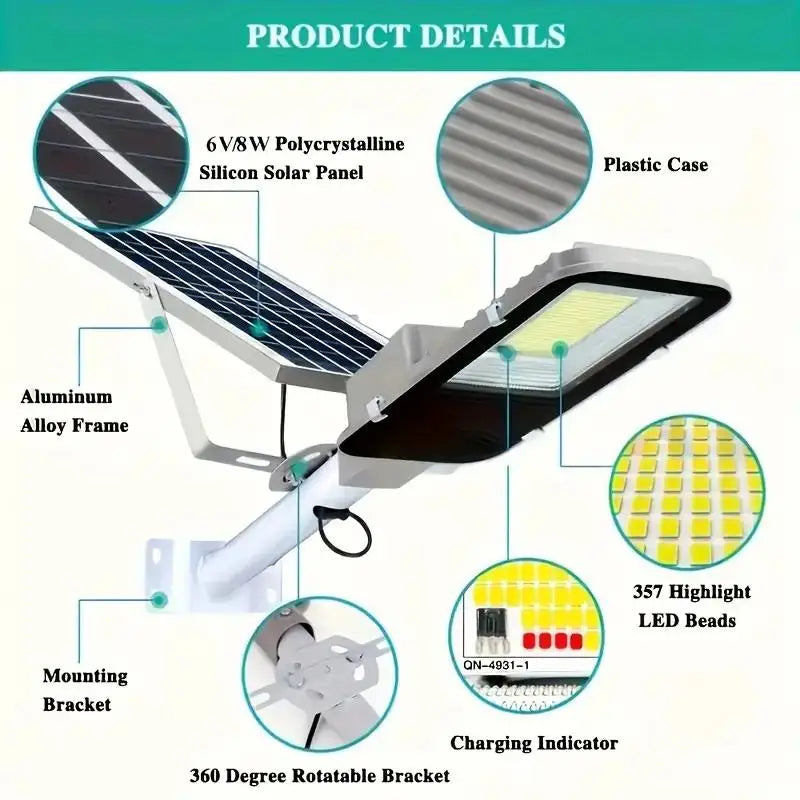 Solar LED Street Light – 6000mAh, 360° Panels, Outdoor ABS