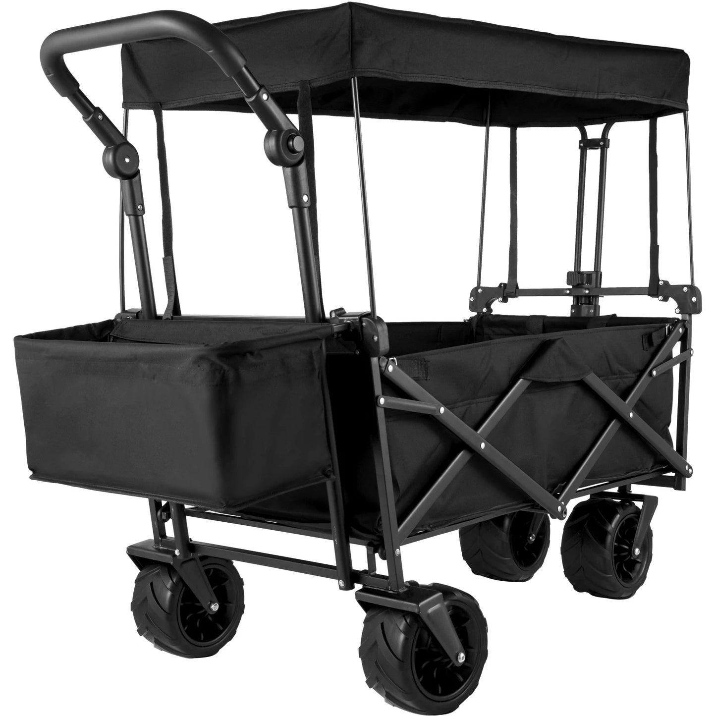 This fold-and-go hauler, built tough-220 lb capacity, steel frame strength, and removable fabric liner with shade awning. Ready when  you are, no assembly needed.