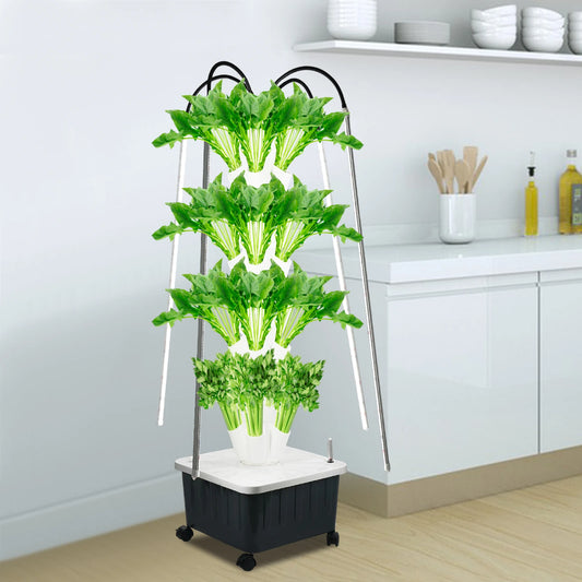 8-Tier Indoor Hydroponics Vertical Garden with 40 planting holes, grow lights, and a warer pump.  Compact, efficient, and perfecct for year-round herbs and greens.