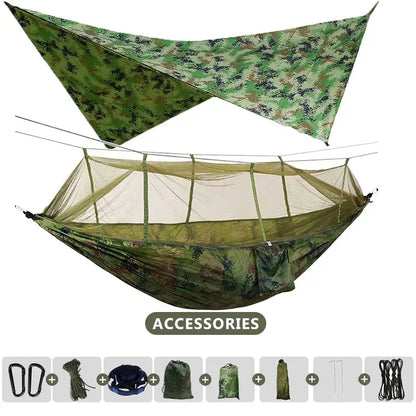 260x140cm Outdoor Double Camping Hammock with Mosquito Net and Rain Fly Tarp Lightweight Parachute Hammocks for Travel Hiking