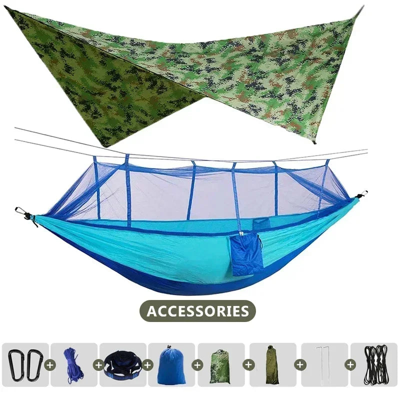 260x140cm Outdoor Double Camping Hammock with Mosquito Net and Rain Fly Tarp Lightweight Parachute Hammocks for Travel Hiking