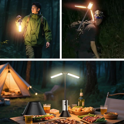 Integrated multifunctional camping lamp, multiple light sources and variable support for type-c charging.