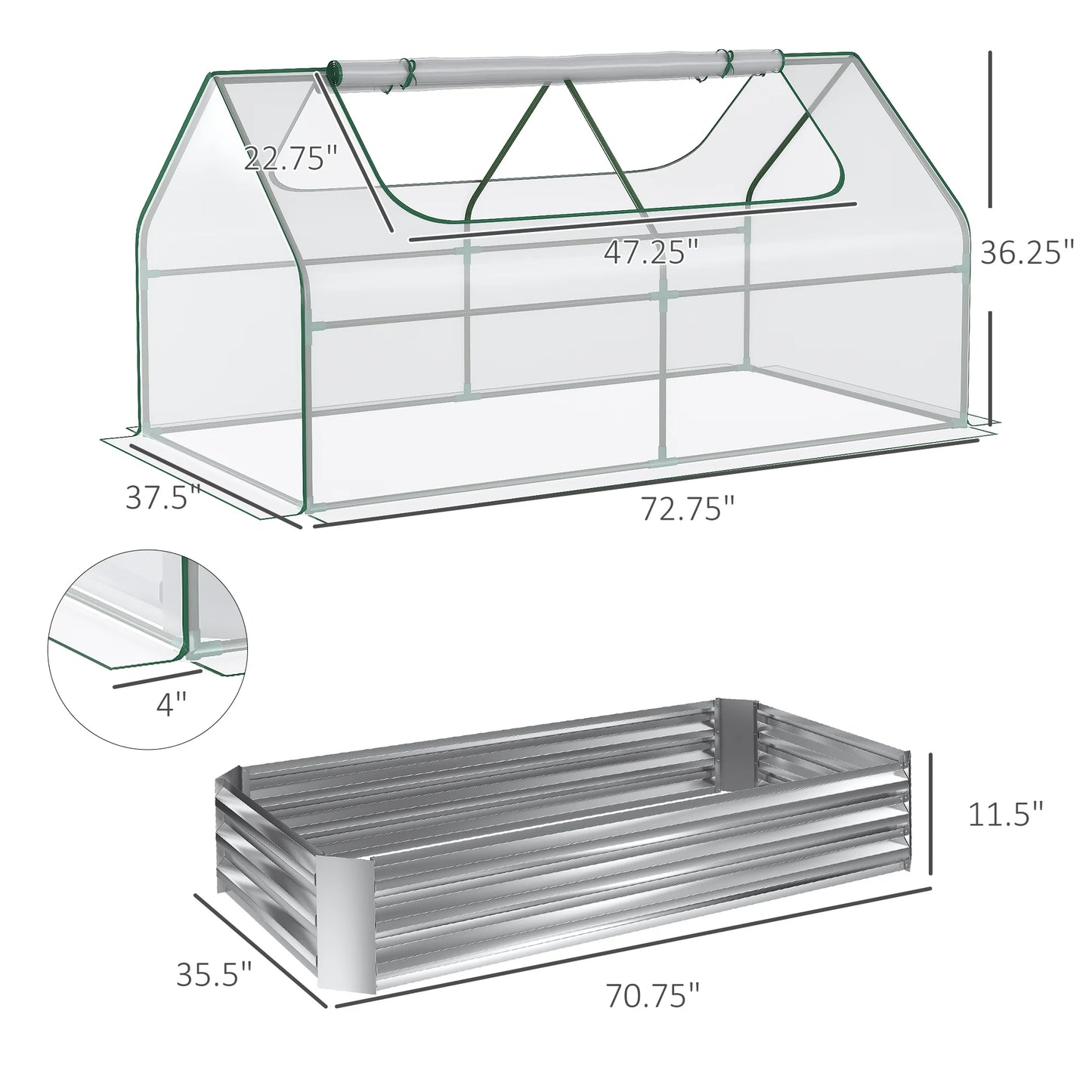 Steel Raised Garden Bed Planter Box Kit with Greenhouse, for Dual Use