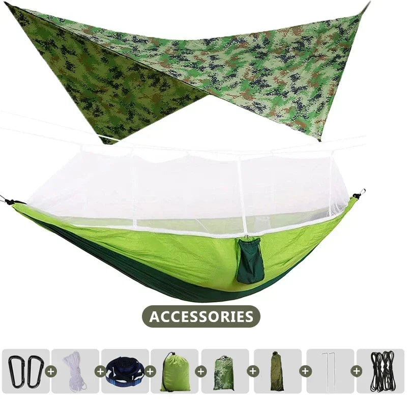 260x140cm Outdoor Double Camping Hammock with Mosquito Net and Rain Fly Tarp Lightweight Parachute Hammocks for Travel Hiking
