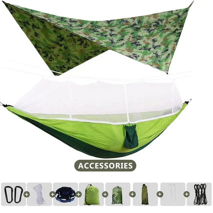 260x140cm Outdoor Double Camping Hammock with Mosquito Net and Rain Fly Tarp Lightweight Parachute Hammocks for Travel Hiking