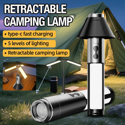 Integrated multifunctional camping lamp, multiple light sources and variable support for type-c charging.