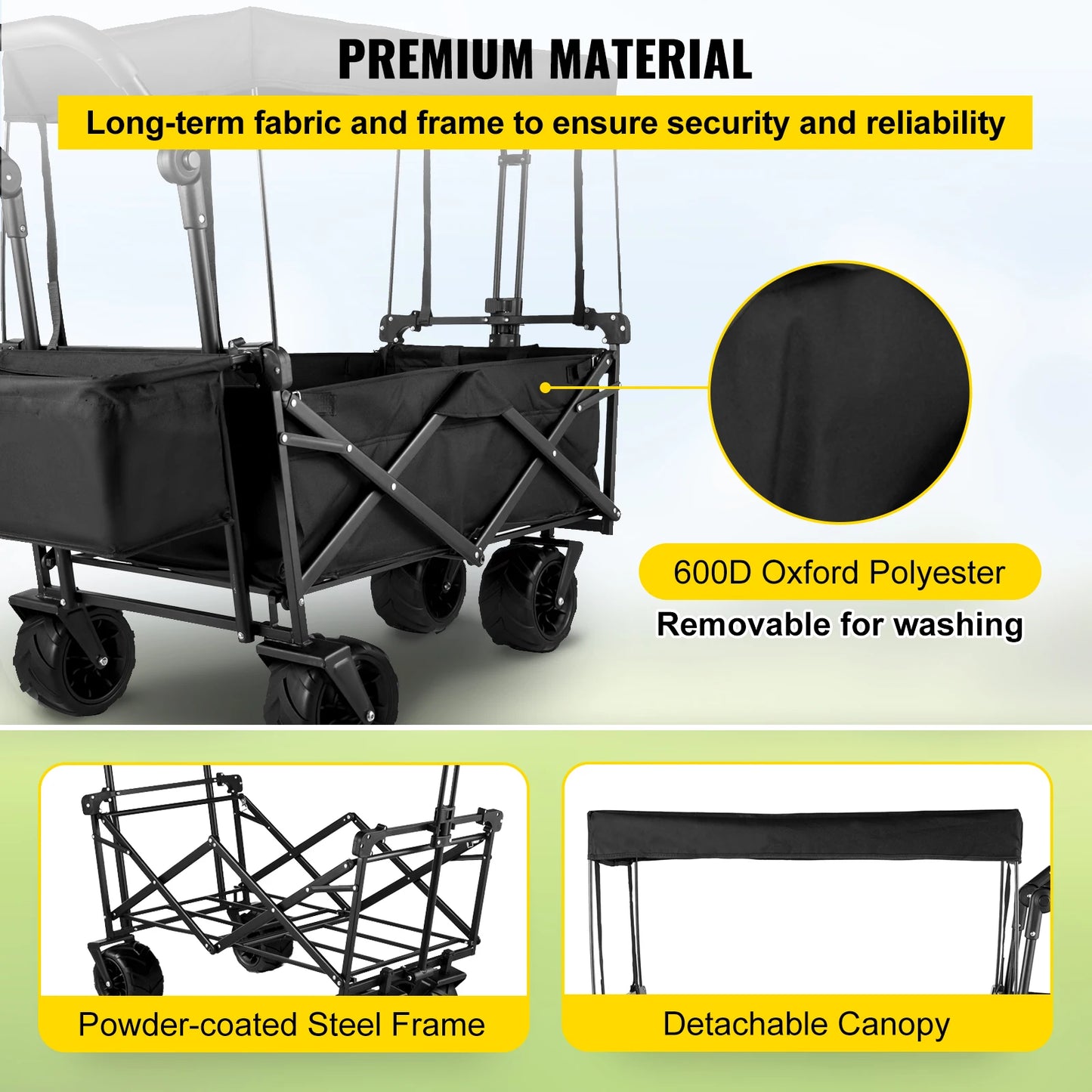 This fold-and-go hauler, built tough-220 lb capacity, steel frame strength, and removable fabric liner with shade awning. Ready when  you are, no assembly needed.