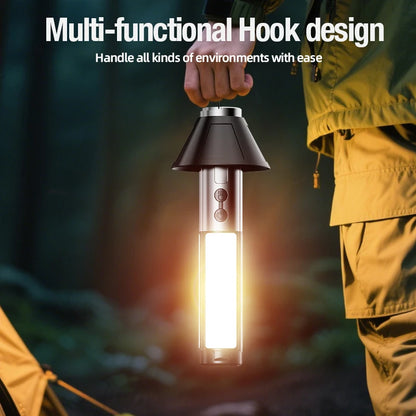 Integrated multifunctional camping lamp, multiple light sources and variable support for type-c charging.