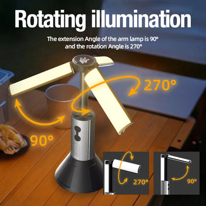 Integrated multifunctional camping lamp, multiple light sources and variable support for type-c charging.