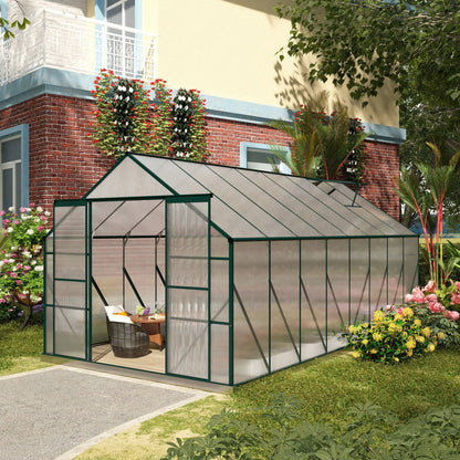 16' x 8' Aluminum Greenhouse, with Adjustable Roof Vent, Rain Gutter and Sliding Door