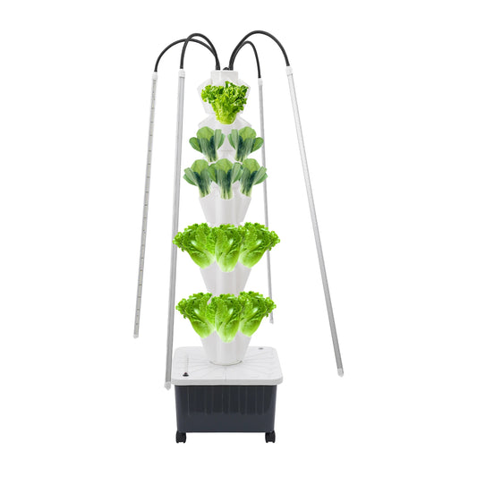 8-Tier Indoor Hydroponics Vertical Garden with 40 planting holes, grow lights, and a warer pump.  Compact, efficient, and perfecct for year-round herbs and greens.