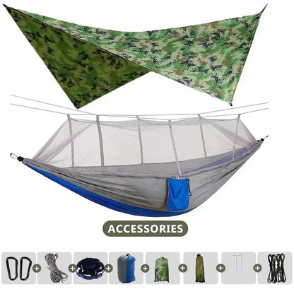 260x140cm Outdoor Double Camping Hammock with Mosquito Net and Rain Fly Tarp Lightweight Parachute Hammocks for Travel Hiking