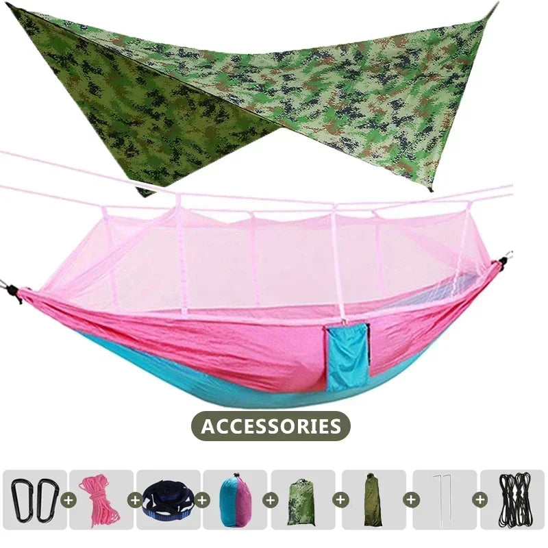 260x140cm Outdoor Double Camping Hammock with Mosquito Net and Rain Fly Tarp Lightweight Parachute Hammocks for Travel Hiking