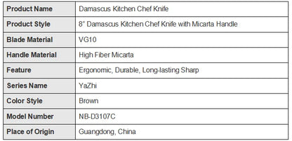 8 Inch Damascus Kitchen Chef Knife, Ergonomic Micarta Handle, Professional Steel VG10