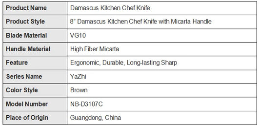 8 Inch Damascus Kitchen Chef Knife, Ergonomic Micarta Handle, Professional Steel VG10