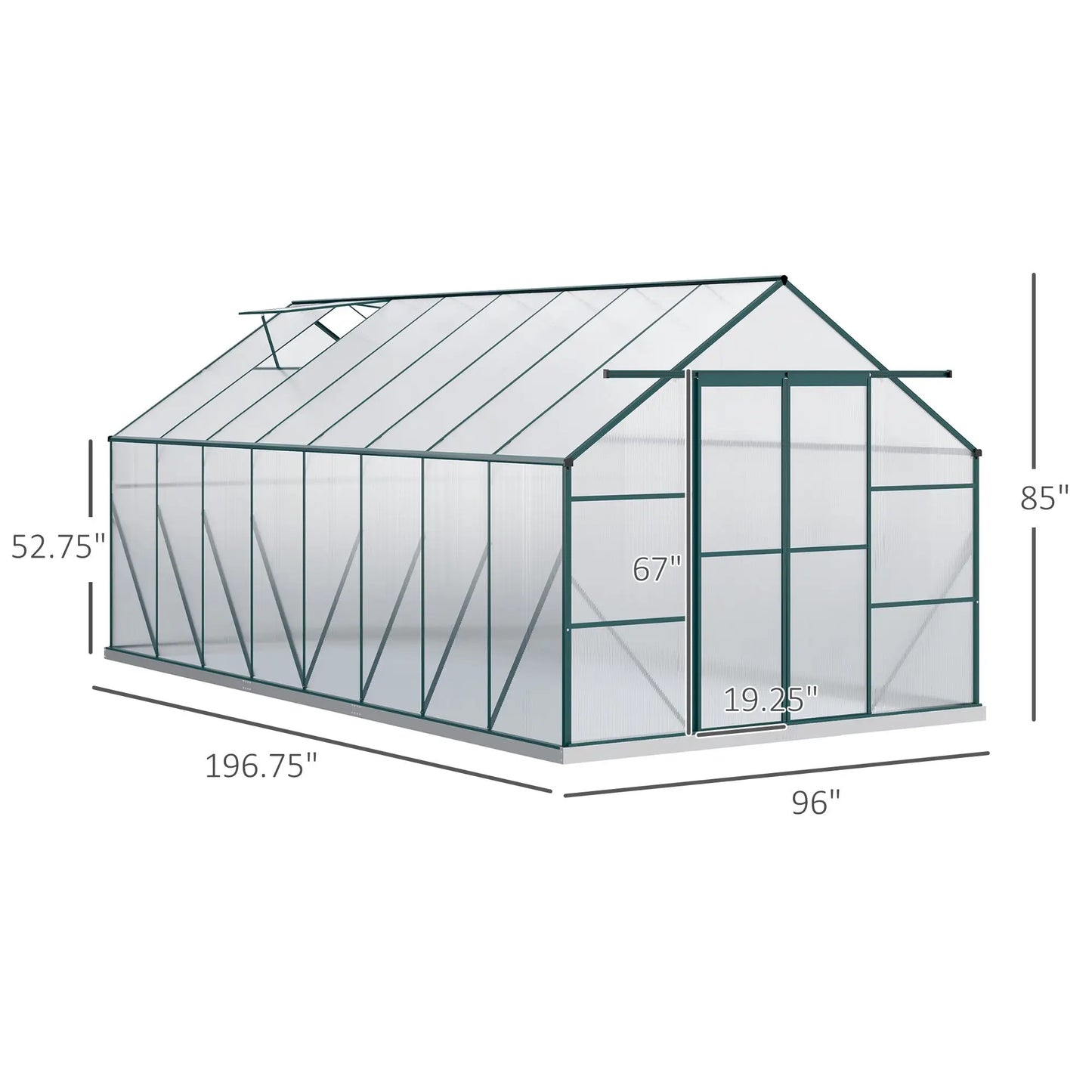 16' x 8' Aluminum Greenhouse, with Adjustable Roof Vent, Rain Gutter and Sliding Door