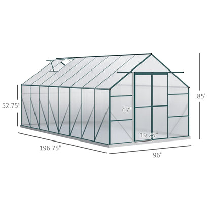 16' x 8' Aluminum Greenhouse, with Adjustable Roof Vent, Rain Gutter and Sliding Door