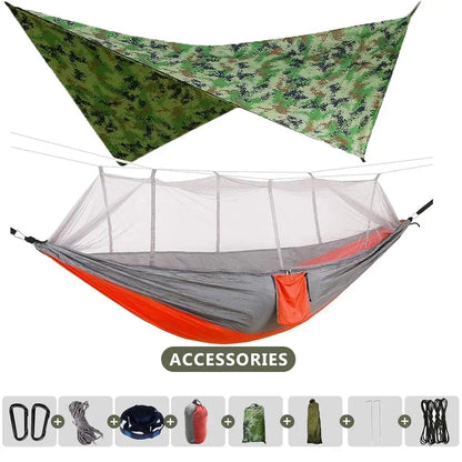 260x140cm Outdoor Double Camping Hammock with Mosquito Net and Rain Fly Tarp Lightweight Parachute Hammocks for Travel Hiking