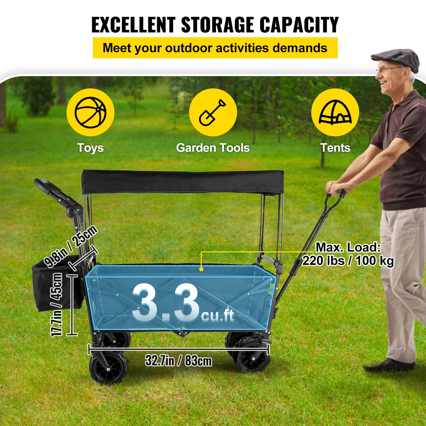 This fold-and-go hauler, built tough-220 lb capacity, steel frame strength, and removable fabric liner with shade awning. Ready when  you are, no assembly needed.