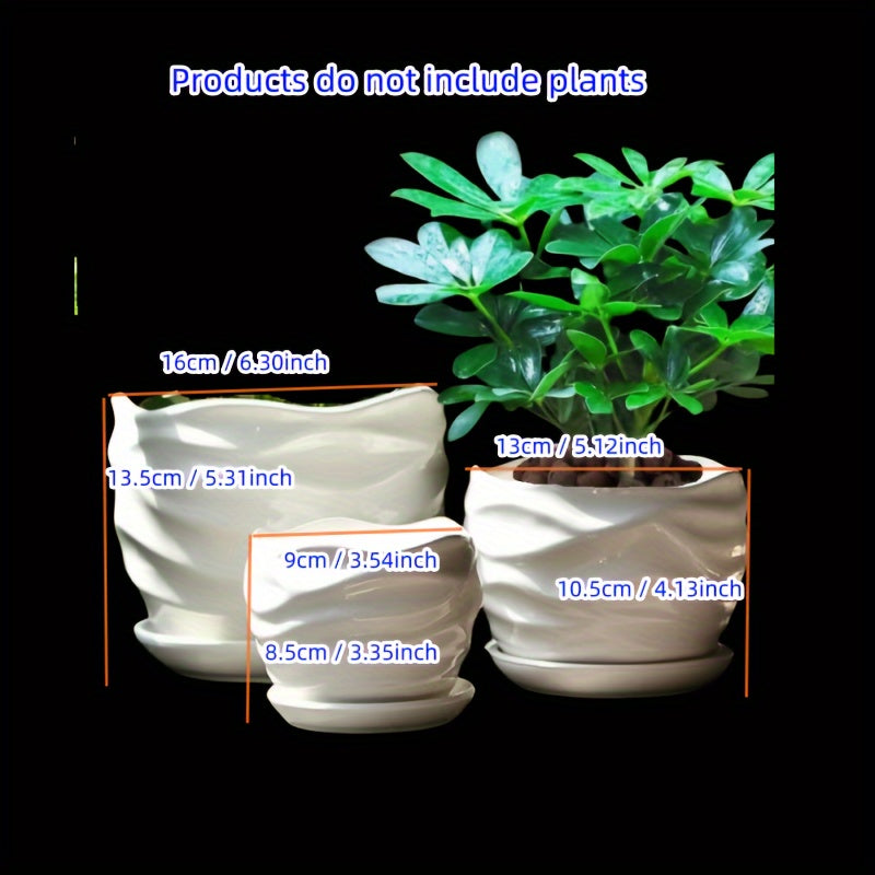 Contemporary Ceramic Planter Pots Set of 3 with Saucer Tray, Drainage Hole, Polished Finish - Irregular Shape Multipurpose Pot