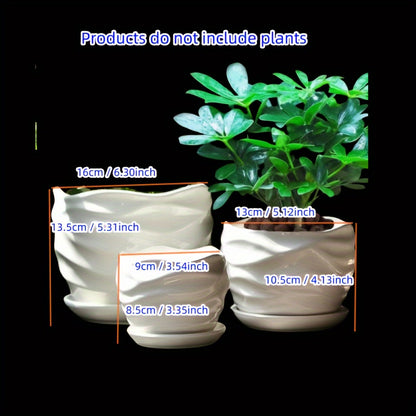 Contemporary Ceramic Planter Pots Set of 3 with Saucer Tray, Drainage Hole, Polished Finish - Irregular Shape Multipurpose Pot
