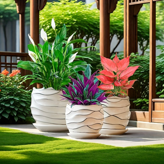 Contemporary Ceramic Planter Pots Set of 3 with Saucer Tray, Drainage Hole, Polished Finish - Irregular Shape Multipurpose Pot