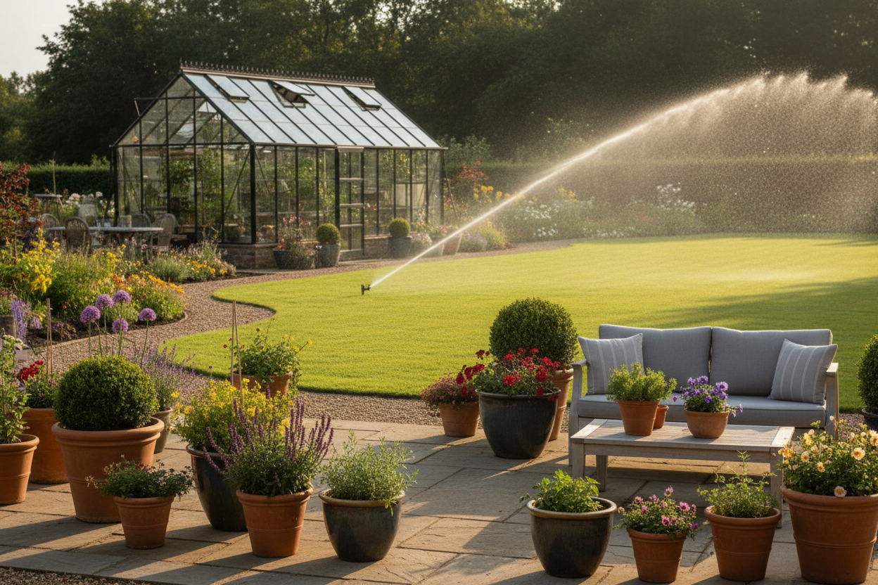 rural lawn greenhouse patio potted plants sprinkler running in background